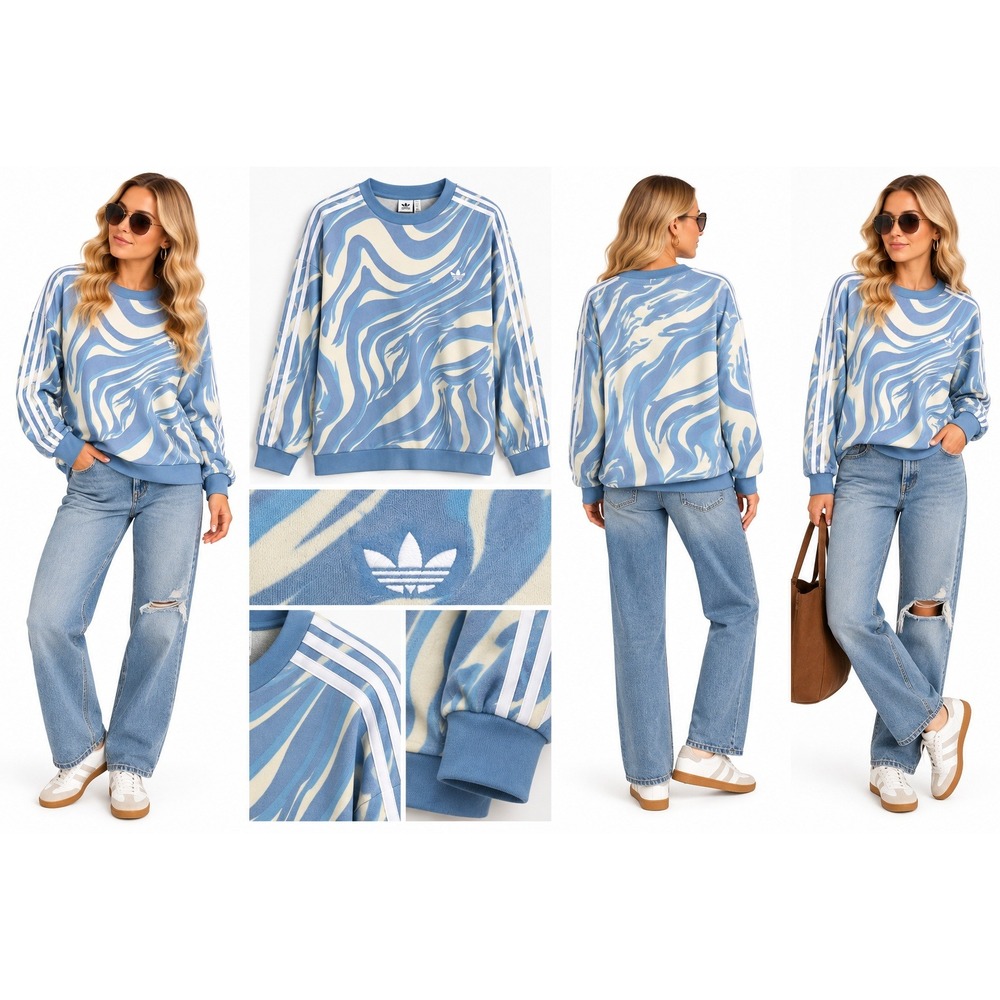 Adidas Originals Sweatshirt XL Blue Swirl Marble 3-Stripes Oversized Streetwear